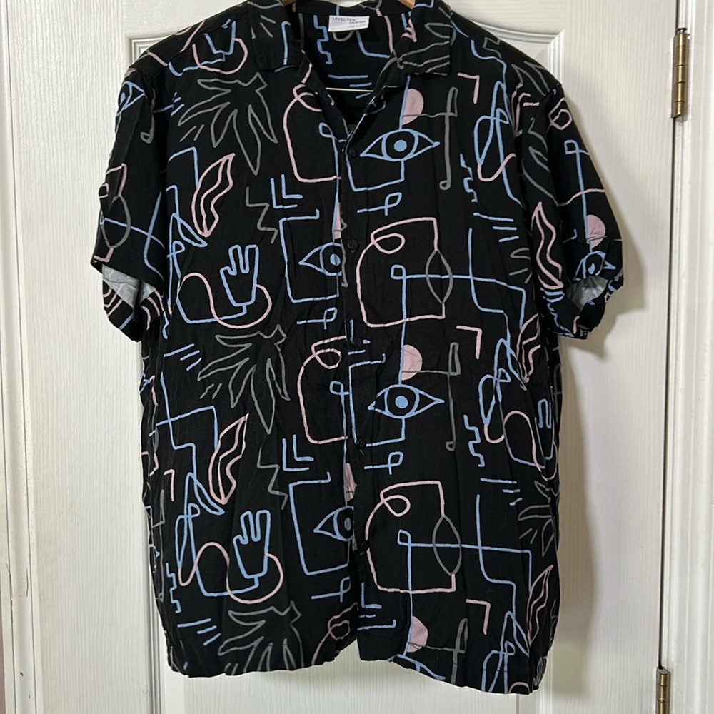 Level Ten Design 80’s inspired Black Rayon button front shirt Geometric Large